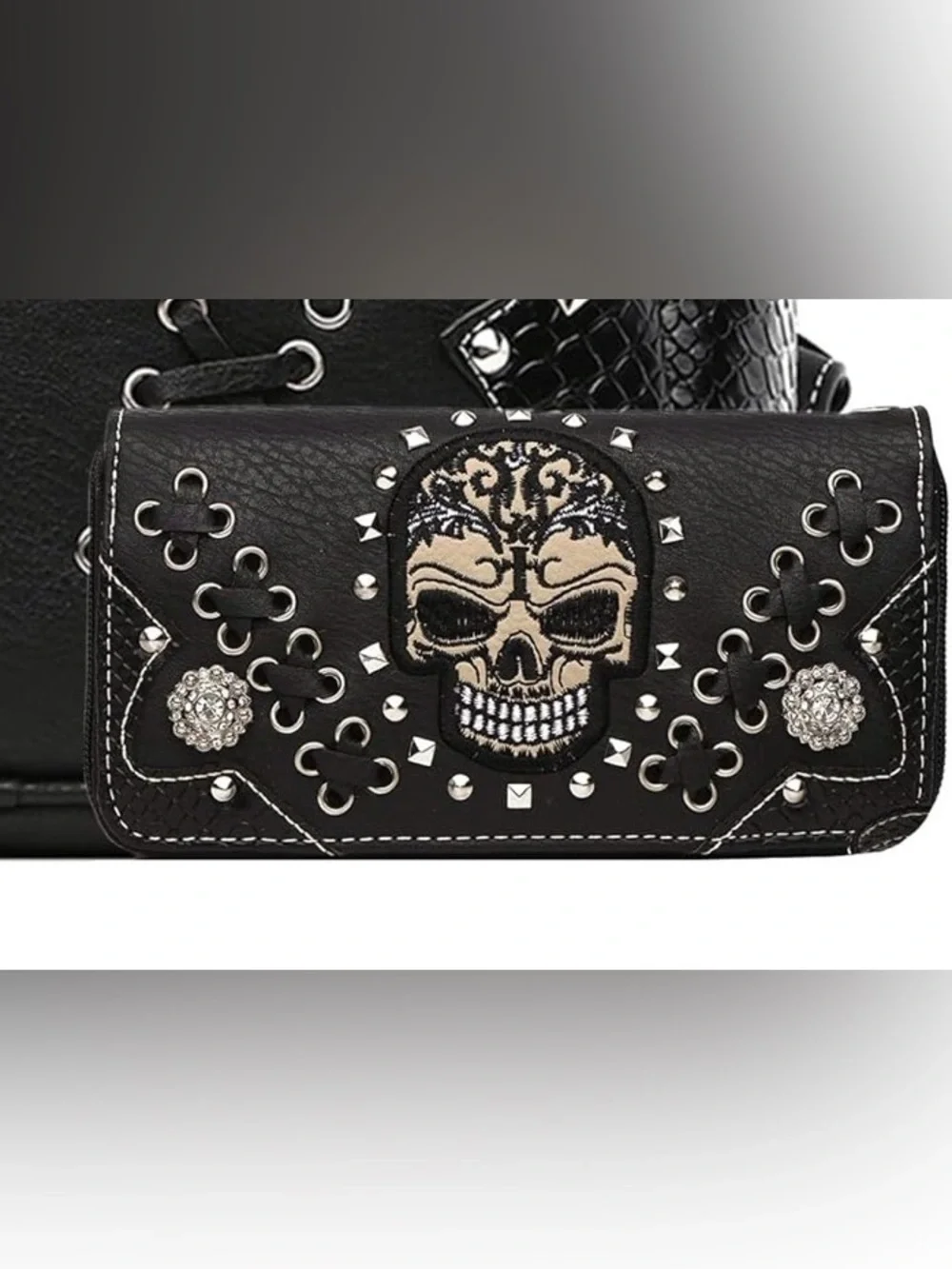 Embroidered Skull Black Women’s Wallet with Stud & Rhinestone Detail
